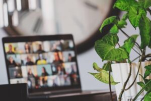 plant in foreground in home office environment, mental health